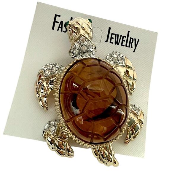NWT 3.5" Large Gold Plated Faux Amber with Clear Rhinestone Sea Turtle Brooch - Picture 3 of 4